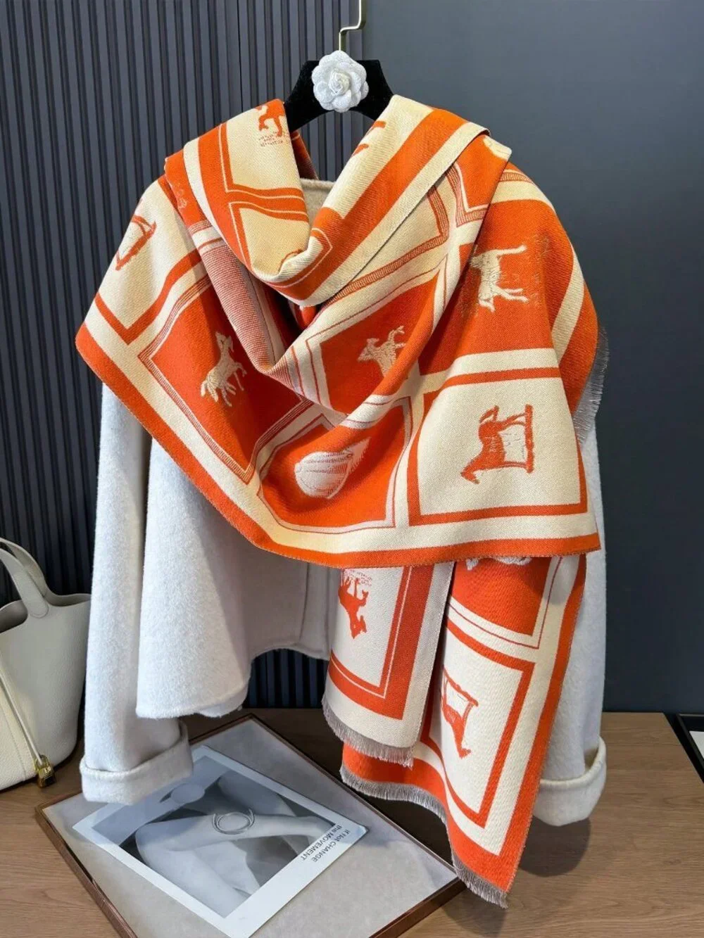 Orange Animal Jacquard Women's Elegant Scarf Shawl Blanket Neck Warmer Regular